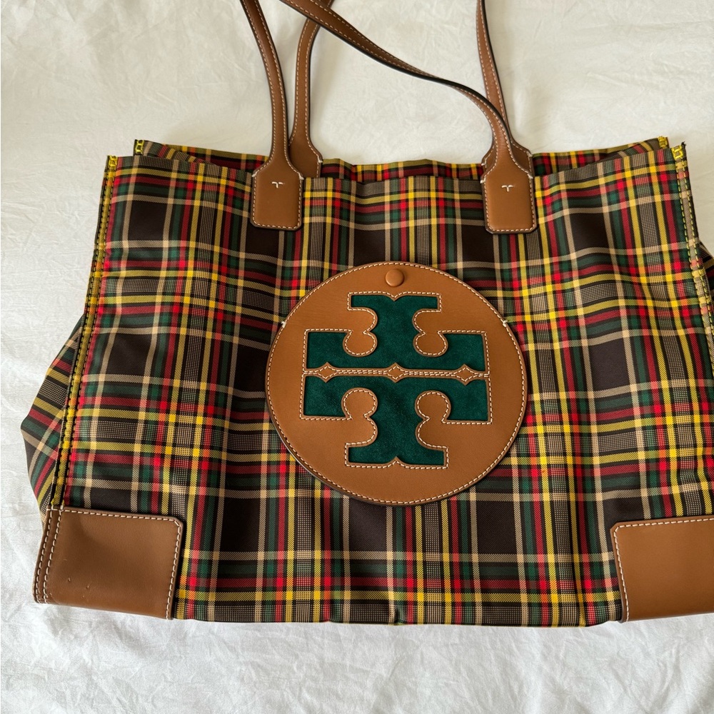 Tory Burch Plaid Tote Bag - Brown, Yellow, Green